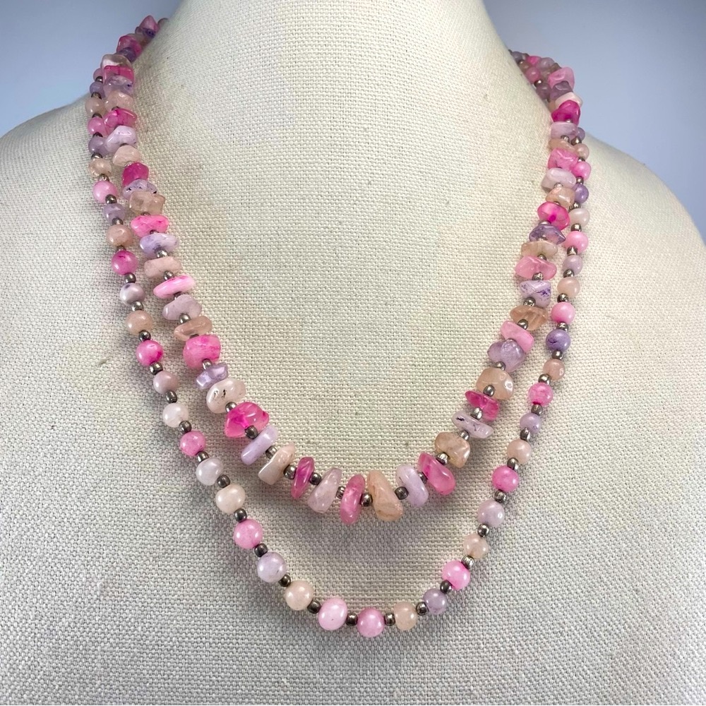 Stunning Unsigned Artisan Pink Purple Yellow Crackle Quartz 2 Layer Necklace